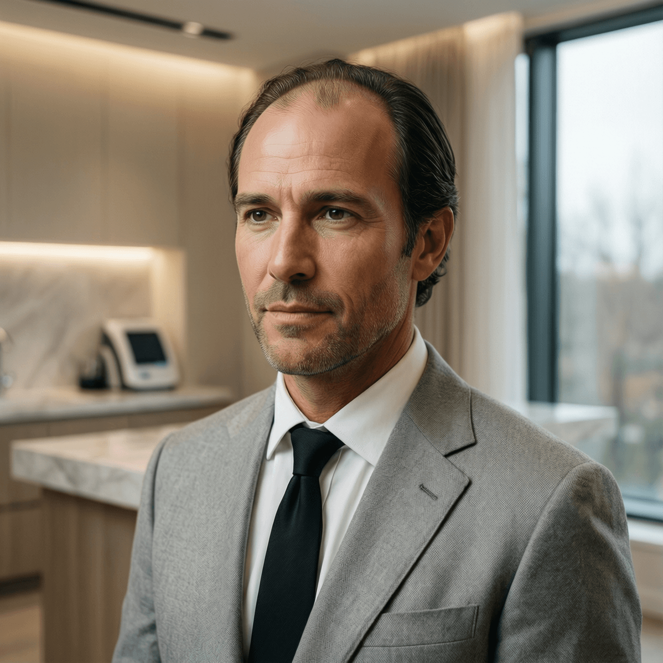 Crown FUE hair transplant cost case example showing a male consultation portrait for Daniel