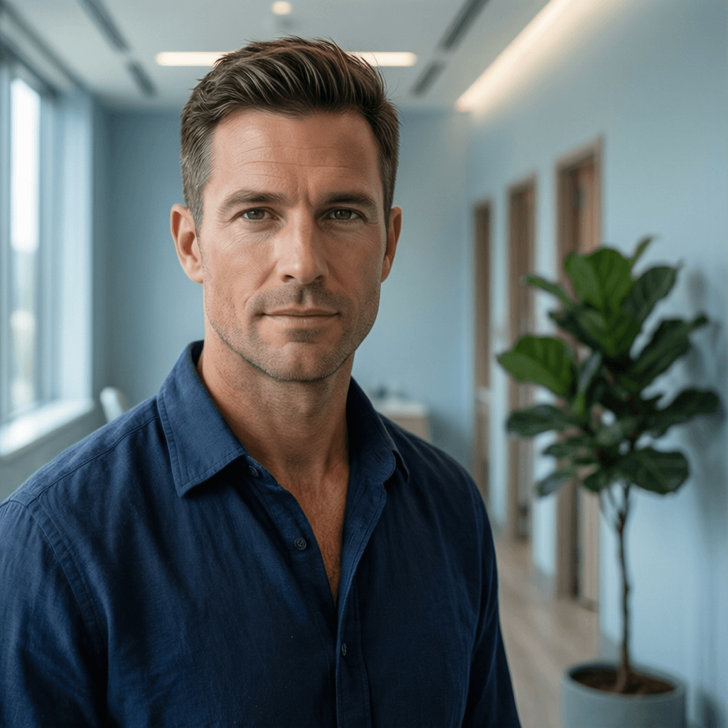 How Much Does a Good Hair Transplant Cost? Case Study: Joshua, 34 portrait showing a realistic patient consultation example