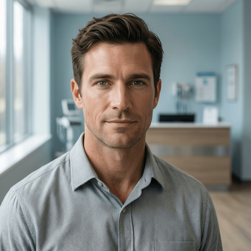 How Much Does a Hair Transplant Cost in the US? Case Study: Benjamin, 38 portrait showing a realistic patient consultation example