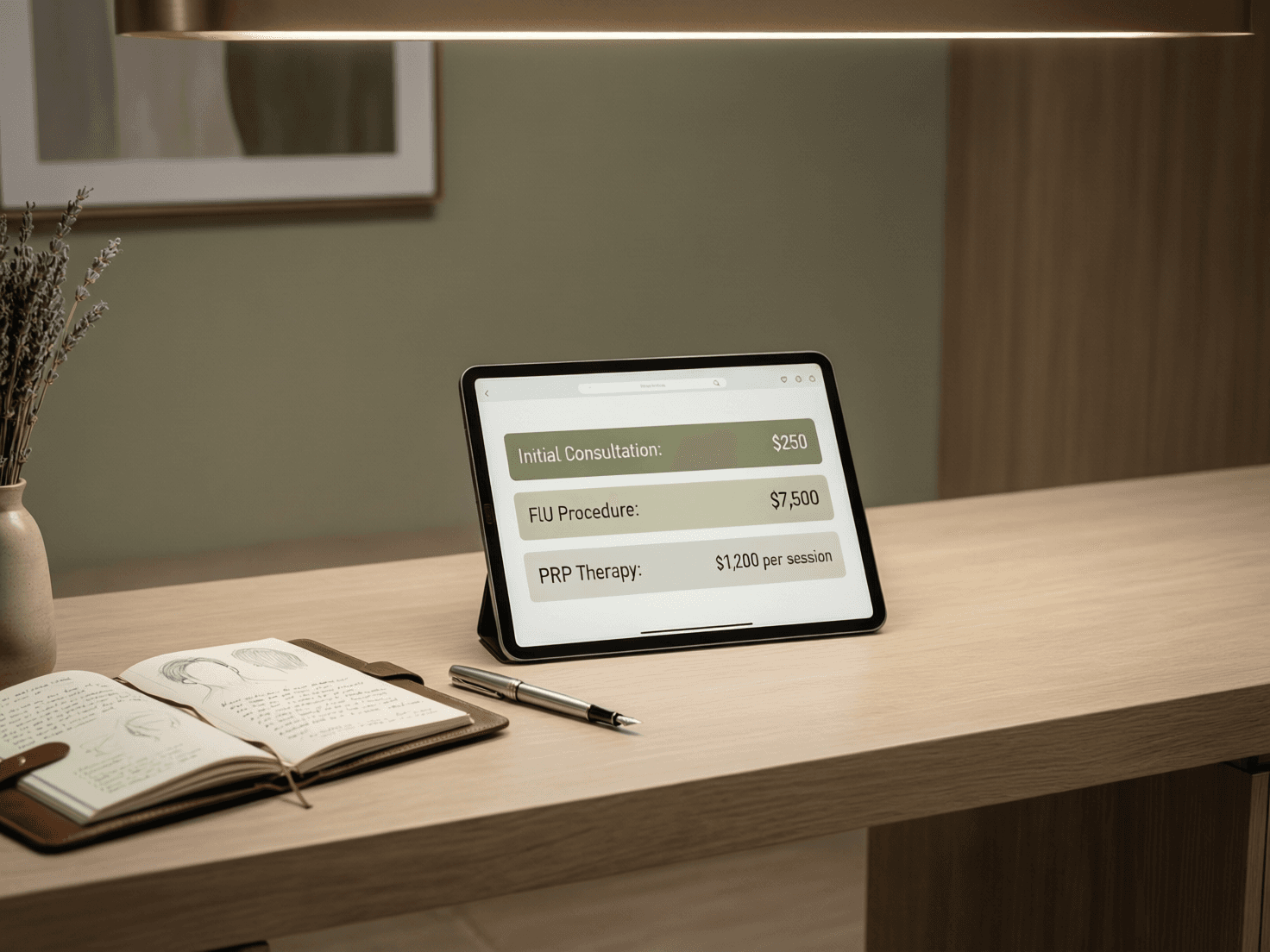 Average hair transplant cost by location consultation desk scene with premium clinic materials