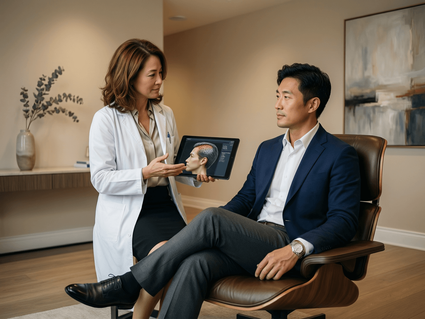 FUE hair transplant cost estimate doctor consultation with patient in a private clinic