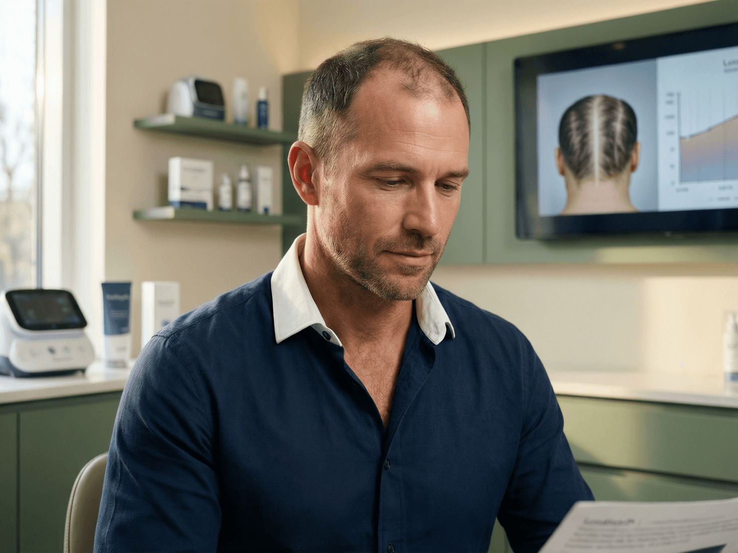 Hair transplant cost calculator portrait of a man evaluating hairline restoration options